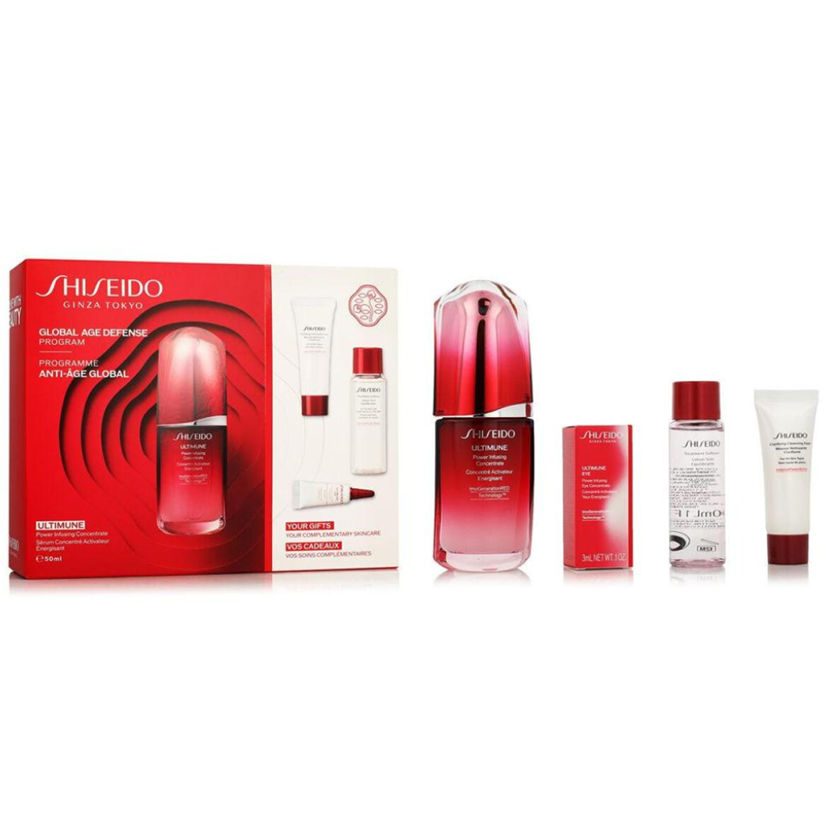 Shiseido - Programme Anti-Âge Global - Coffret Concentré Activateur Énergisant Ultimune 50 Ml
 + Mousse Nettoyante Clarifiante 15 Ml
 +Lotion Soin Équilibrante 30 Ml
 + Concentré Activateur Yeux Énergisant Ultimune 3 ml