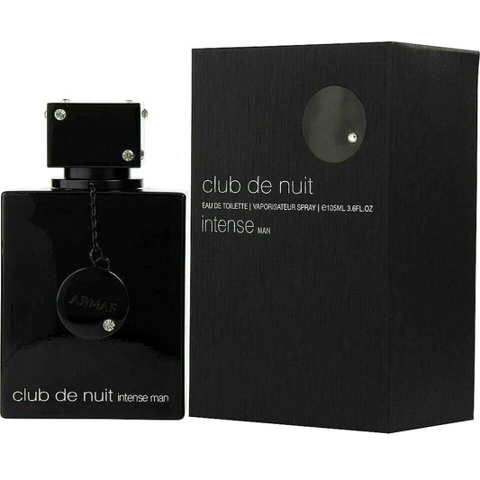 Armaf Club de Nuit Intense Eau de Toilette pour homme - a sleek, modern men's fragrance bottle with a black cap and silver accents, standing on a reflective surface.