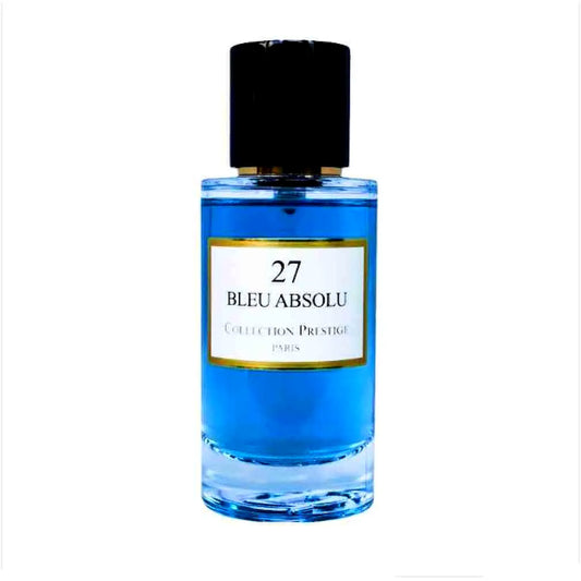 Luxury perfume bottle of Collection Prestige - Bleu Absolu, a unisex Eau de Parfum, featuring an elegant blue glass design with gold accents and a sleek cap.