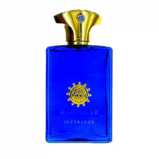 Amouage Interlude Eau de Parfum pour homme, a luxurious fragrance bottle with a sleek, dark design and gold accents, exuding elegance and sophistication.