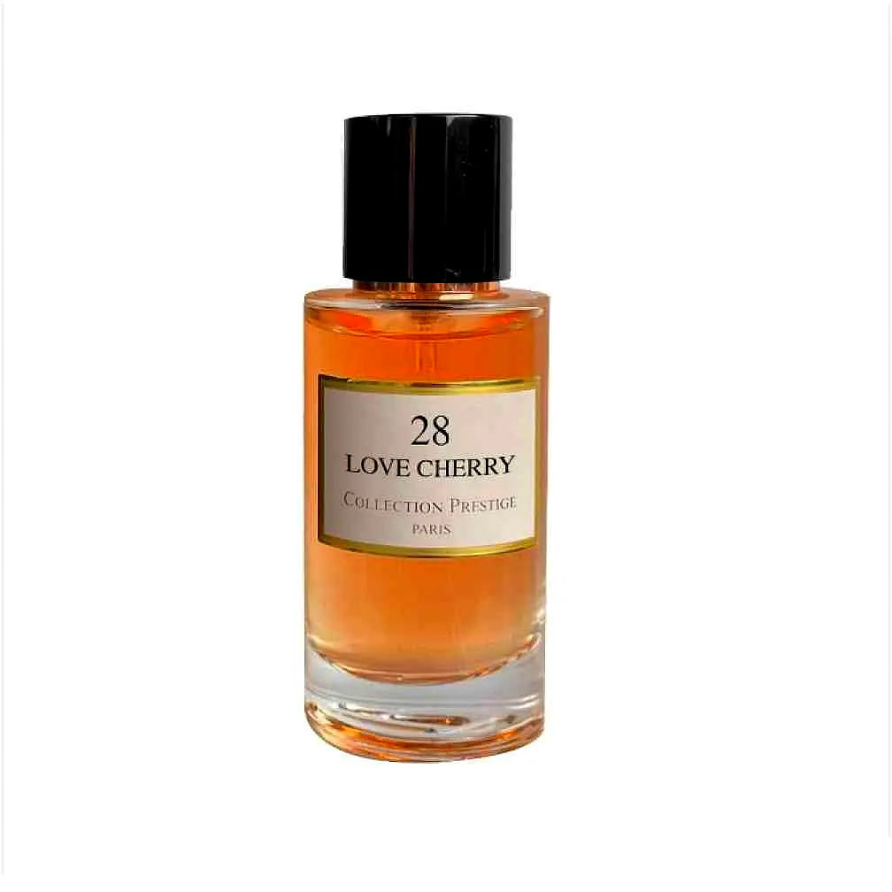 Collection Prestige - Love Cherry - Eau de Parfum Mixte perfume bottle with elegant design, cherry-inspired fragrance, and luxurious gold accents.