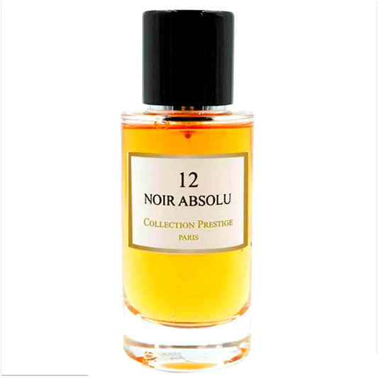 Elegant black bottle of Collection Prestige - Noir Absolu - Eau de Parfum Mixte with gold accents and minimalist design.
