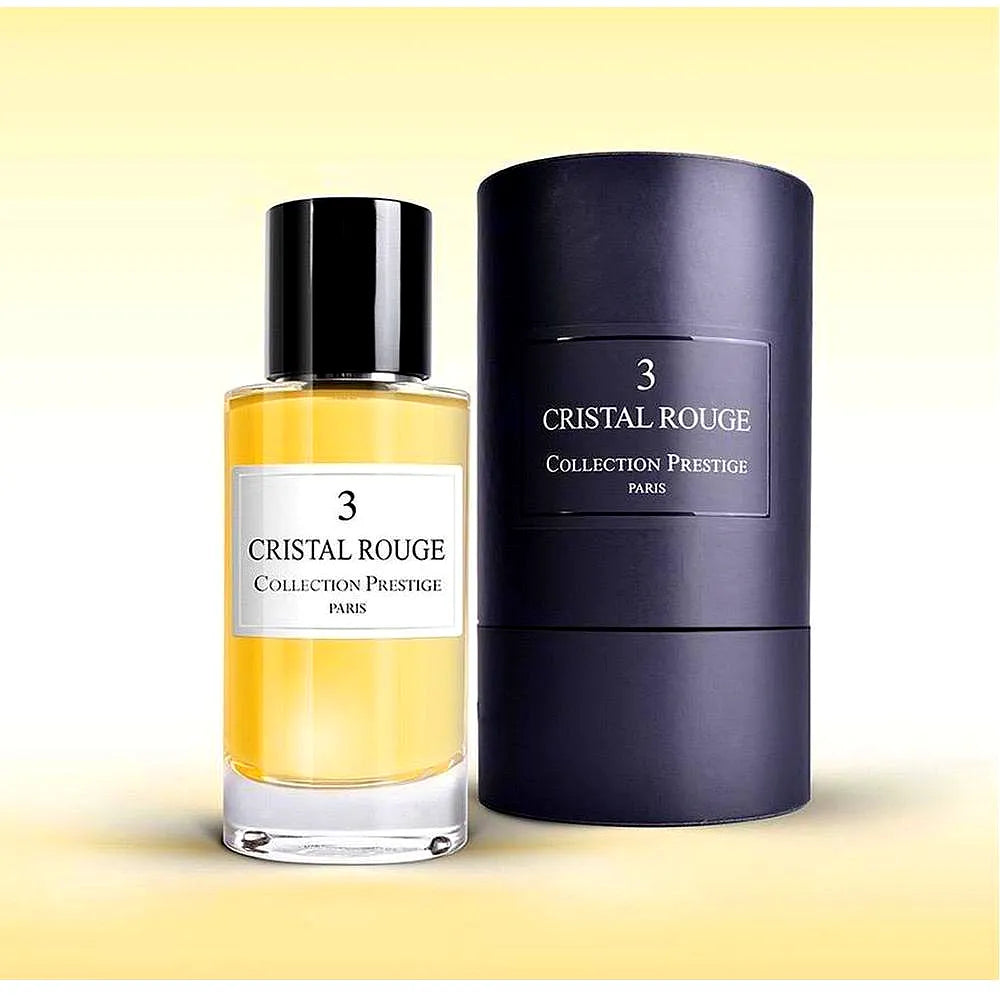 Luxury perfume bottle from Collection Prestige - Cristal Rouge, a unisex Eau de Parfum, featuring a sleek red crystal design with gold accents and elegant branding.