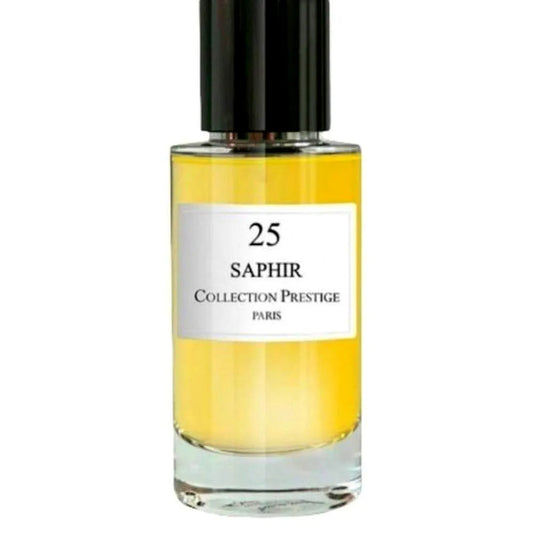 Luxurious Collection Prestige Saphir unisex Eau de Parfum bottle with elegant blue glass and gold accents, displayed on a sleek surface.