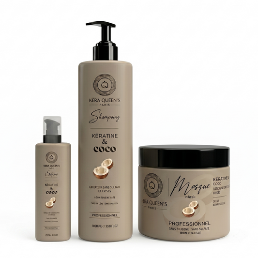 Kera Queen's - Trio Coco et Kératine - Shampoing 500ml + Masque 500ml + Sérum 100ml